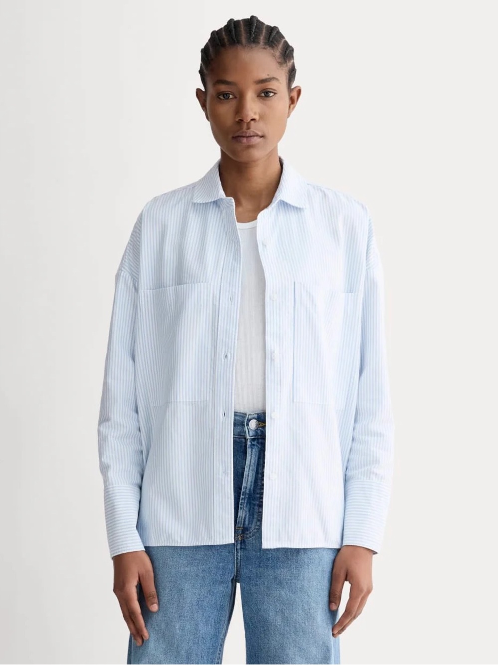 Everlane The Boxy Oxford blue white pinstripe shirt organic cotton Size L NWT